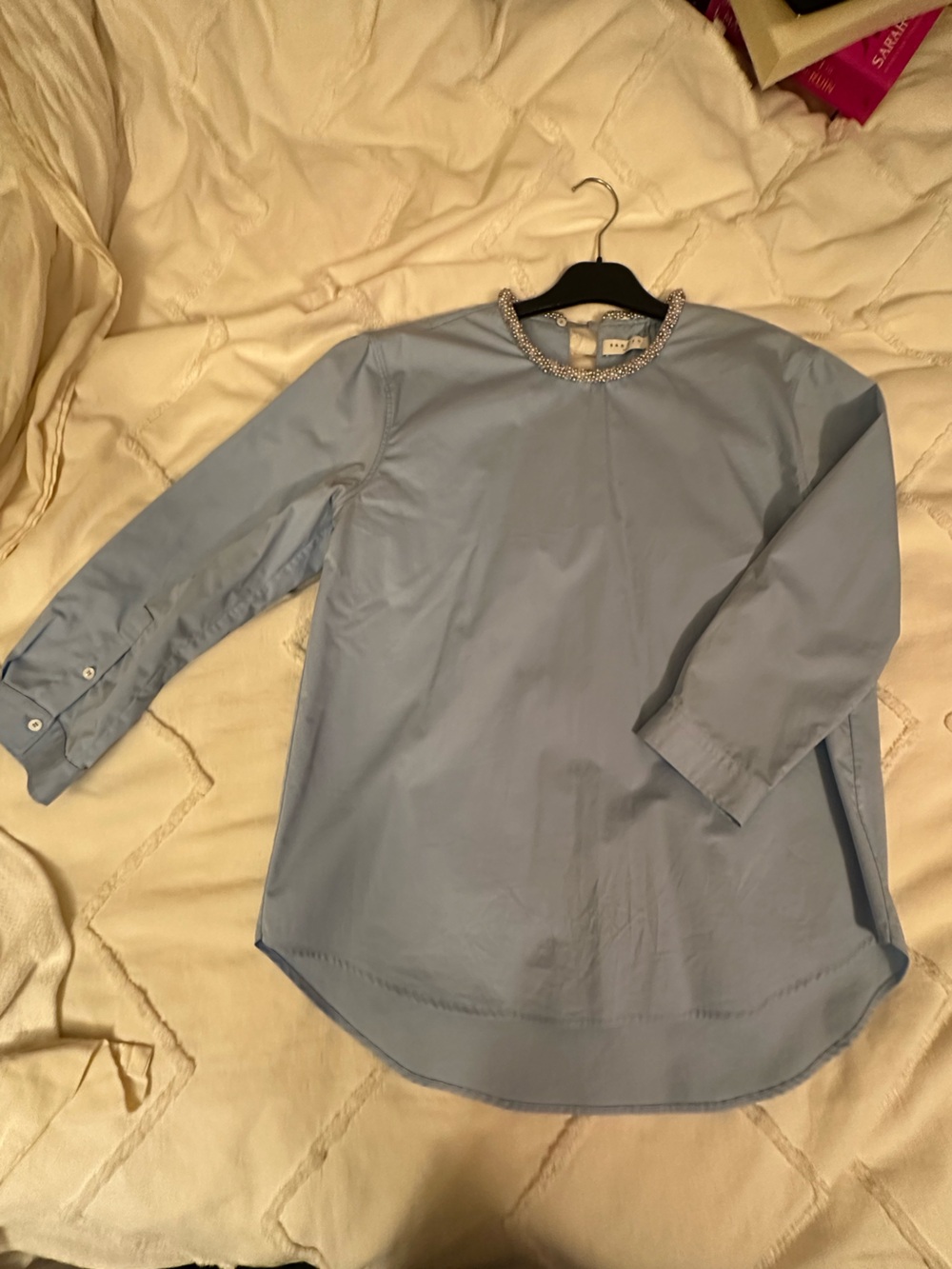Light Blue Embellished Neck Blouse - Women